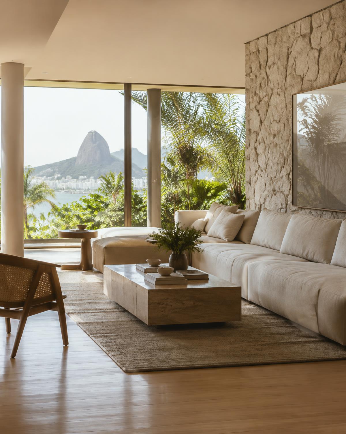 Sala de estar contemporânea com parede de pedra e vista para o Pão de Açúcar