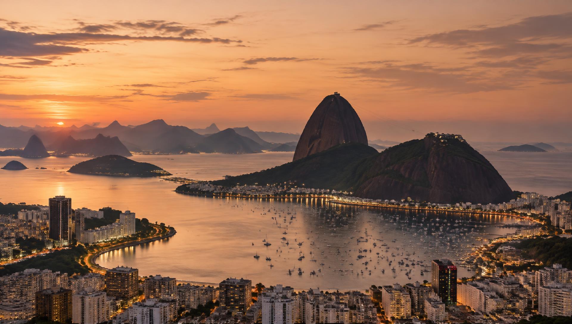 Rio de Janeiro ao entardecer com o Pão de Açúcar e a Baía de Guanabara
